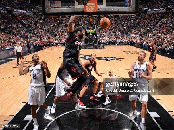 Nene Hilario of the Houston Rockets dunks the ball against the San Antonio Spurs during Game Two of the Western Conference Semifinals of the 2017 NBA...