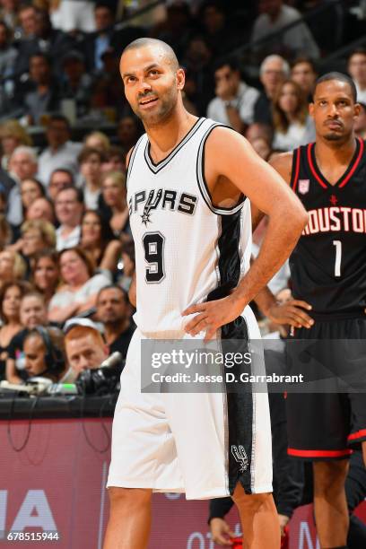 Tony Parker of the San Antonio Spurs looks on during the game against the Houston Rockets during Game Two of the Western Conference Semifinals of the...