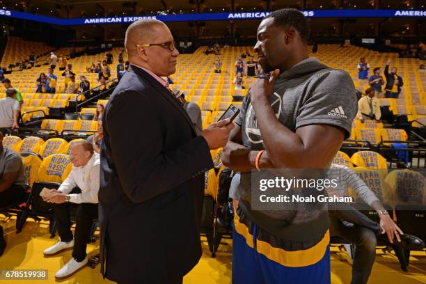 Draymond Green of the Golden State Warriors talks to Reporter, Mark Spears before Game One of the Western Conference Semifinals against the Utah Jazz...