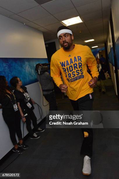 James Michael McAdoo of the Golden State Warriors runs down the hallway before Game One of the Western Conference Semifinals against the Utah Jazz...