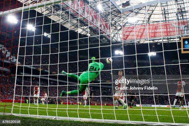 Andre Onana of Ajax make a save during the Uefa Europa League, semi final first leg match, between Ajax Amsterdam and Olympique Lyonnais at Amsterdam...