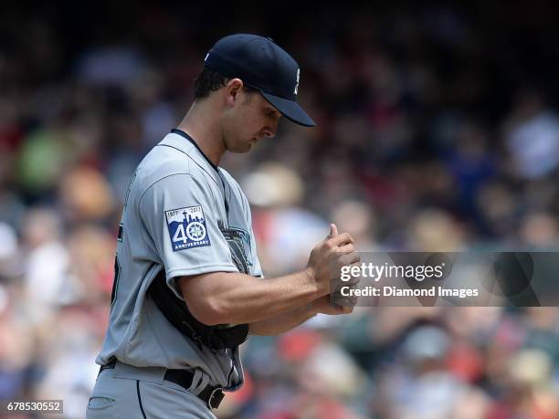 Pitcher Chase De Jong of the Seattle Mariners stands on the pitcher's mound during a game on April 30, 2017 against the Cleveland Indians at...