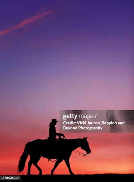 pink and purple sky with cowgirl silhouette - moody sky stockfoto's en -beelden