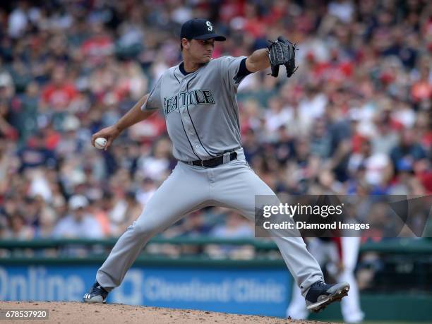 Pitcher Chase De Jong of the Seattle Mariners throws a pitch during a game on April 30, 2017 against the Cleveland Indians at Progressive Field in...