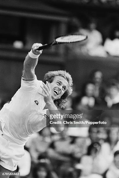 English tennis player John Lloyd pictured in action to lose his third round match against French tennis player Henri Leconte in the Men's Singles...