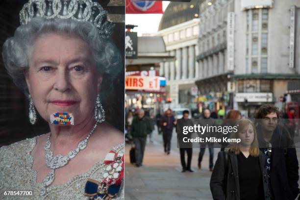 Queen Elizabeth II poster at Leicester Square in London, England, United Kingdom.