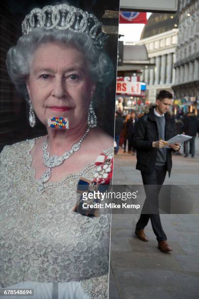 Queen Elizabeth II poster at Leicester Square in London, England, United Kingdom.