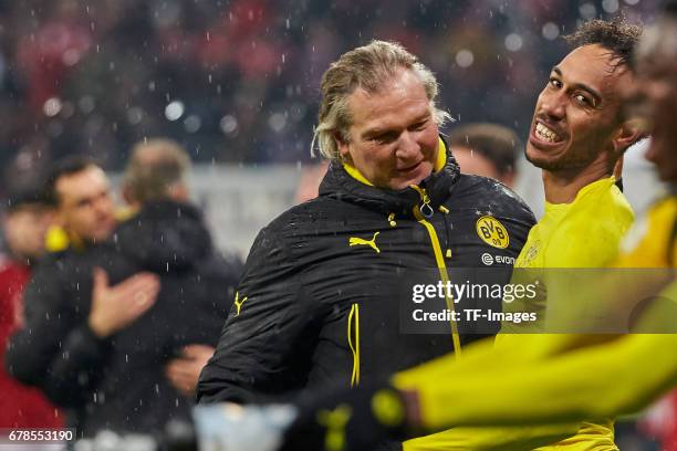 Goalkeeper-coach Wolfgang de Beer of Dortmund and Pierre-Emerick Aubameyang of Dortmund celebrates the win after the final whistle during the German...