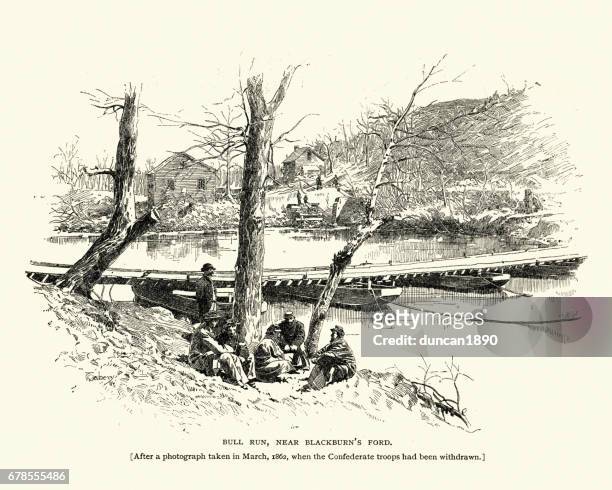 schlacht von bull run, in der nähe von blackburns ford, 1862 - pontonbrücke stock-grafiken, -clipart, -cartoons und -symbole