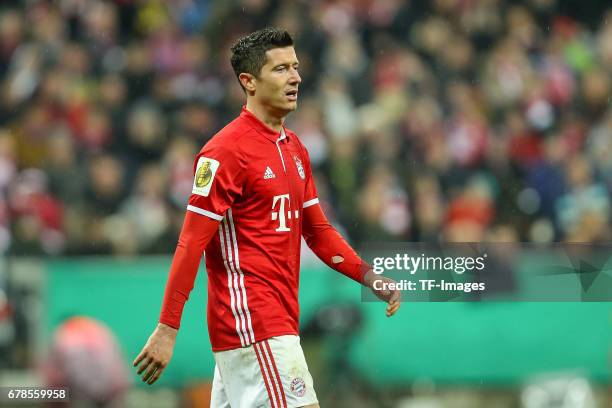 Robert Lewandowski of Bayern Munich looks on during the German Cup semi final soccer match between FC Bayern Munich and Borussia Dortmund at the...