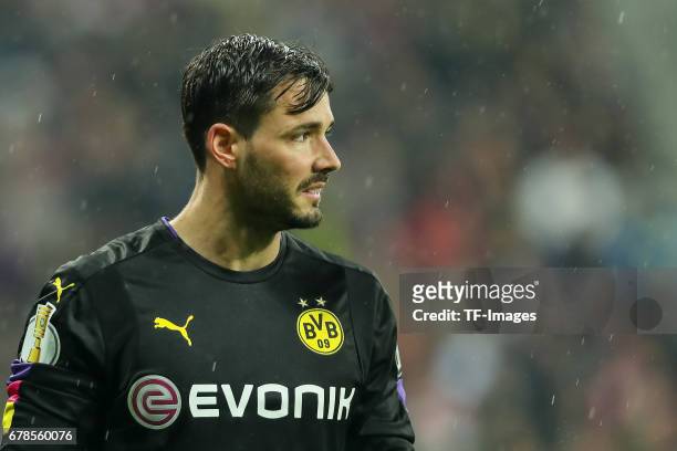 Goalkeeper Roman Buerki of Dortmund looks on during the German Cup semi final soccer match between FC Bayern Munich and Borussia Dortmund at the...