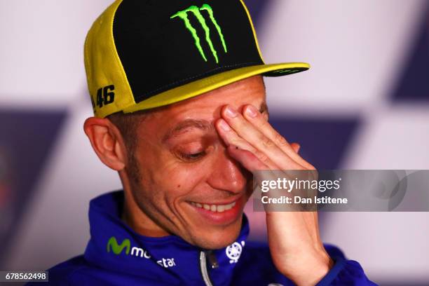 Valentino Rossi of Italy and Movistar Yamaha MotoGP laughs at a press conference during previews to the MotoGP of Spain at Circuito de Jerez on May...
