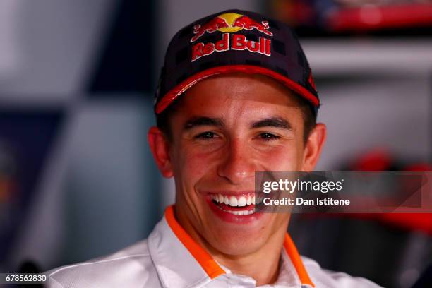 Marc Marquez of Spain and the Repsol Honda Team laughs at a press conference during previews to the MotoGP of Spain at Circuito de Jerez on May 4,...