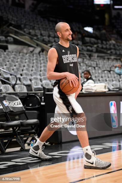 Manu Ginobili of the San Antonio Spurs stretches before Game Two of the Eastern Conference Semifinals against the Houston Rockets during the 2017 NBA...