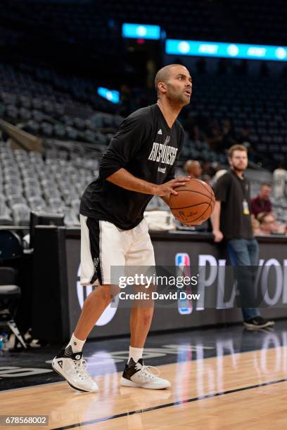 Tony Parker of the San Antonio Spurs warms up before Game Two of the Eastern Conference Semifinals against the Houston Rockets during the 2017 NBA...