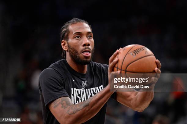 Kawhi Leonard of the San Antonio Spurs warms up before Game Two of the Eastern Conference Semifinals against the Houston Rockets during the 2017 NBA...