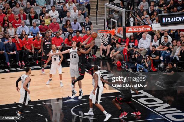 James Harden of the Houston Rockets drives to the basket against the San Antonio Spurs during Game Two of the Eastern Conference Semifinals during...