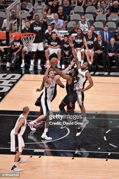 James Harden of the Houston Rockets drives to the basket against the San Antonio Spurs during Game Two of the Eastern Conference Semifinals during...