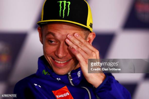 Valentino Rossi of Italy and Movistar Yamaha MotoGP laughs at a press conference during previews to the MotoGP of Spain at Circuito de Jerez on May...