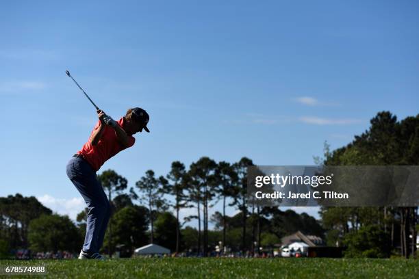 Will Wilcox plays his shot from the fifth tee during round one of the Wells Fargo Championship at Eagle Point Golf Club on May 4, 2017 in Wilmington,...