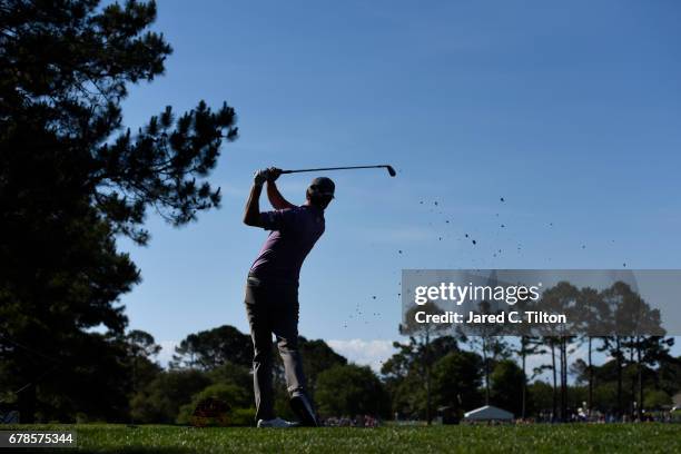 Bryce Molder plays his shot from the fifth tee during round one of the Wells Fargo Championship at Eagle Point Golf Club on May 4, 2017 in...