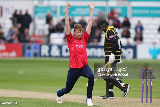 Matt Quinn of Essex celebrates taking the wicket of Jack Taylor during the Royal London One-Day Cup between Essex Eagles and Gloucestershire at...