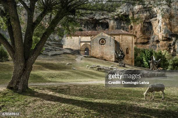 san bartolome templar chapel, rio lobo canyon, soria province, spain - piedra roca stock pictures, royalty-free photos & images