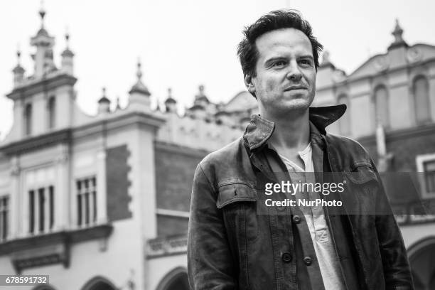 Irish actor Andrew Scott is photographed during his interview for Polish television TVN at the Main Square in Krakow, Poland on 3 May, 2017. Andrew...