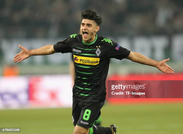 Mahmoud Dahoud of Moenchengladbach celebrates after scoring his team`s second goal during the UEFA Europa League Round of 16 second leg match between...
