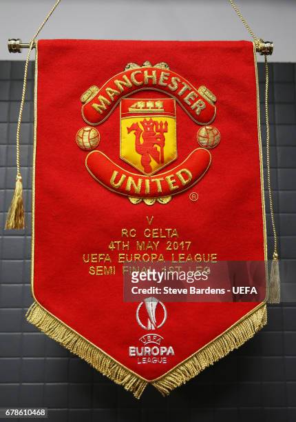 Manchester United pennant hangs in the dressing room prior to kickoff during the UEFA Europa League semi final, first leg match between Celta Vigo...
