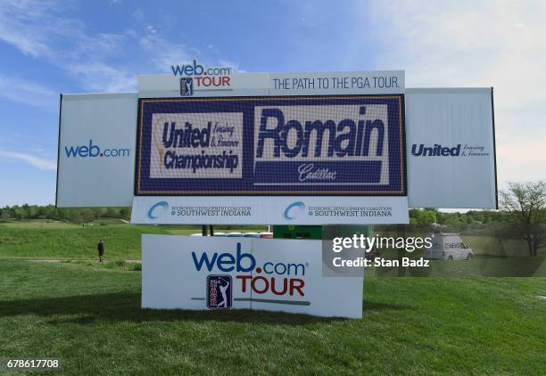An electronic leaderboard displays tournament branding during the final round of the Web.com Tour United Leasing & Finance Championship at Victoria...
