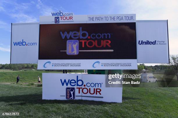 An electronic leaderboard displays tournament branding during the final round of the Web.com Tour United Leasing & Finance Championship at Victoria...