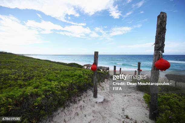 General view of the Alantic Ocean from the beach walk way and sand during the FIFA Beach Soccer World Cup Bahamas 2017 on May 3, 2017 on Cat Island,...