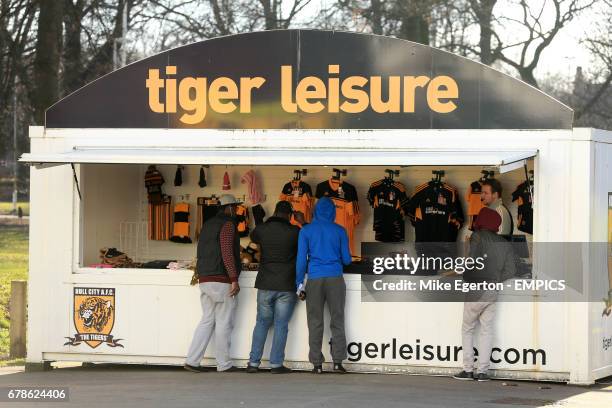 Hull City fans at a tiger leisure kiosk outside the KC Stadium