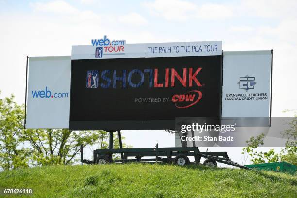 An electronic leaderboard dispalys tournament branding during the final round of the Web.com Tour United Leasing & Finance Championship at Victoria...