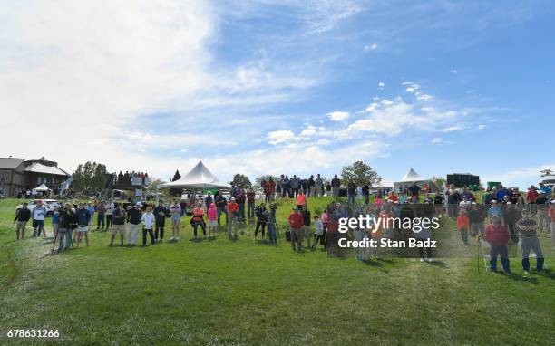 Fans watch play along the 18th hole during the final round of the Web.com Tour United Leasing & Finance Championship at Victoria National Golf Club...