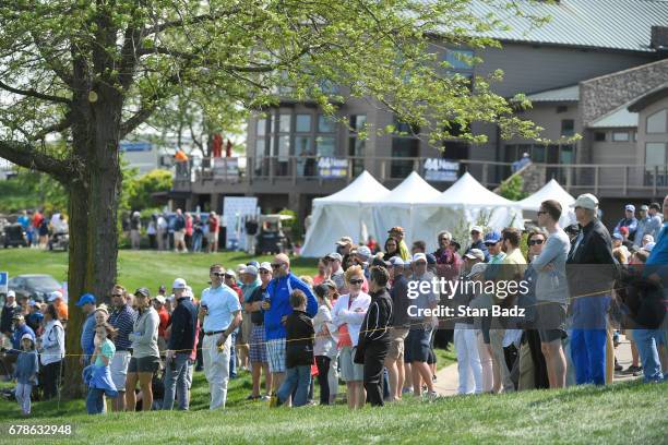 Fans watch play along the 18th hole during the final round of the Web.com Tour United Leasing & Finance Championship at Victoria National Golf Club...