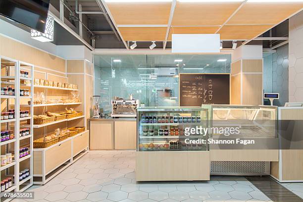view of bakery cafe in supermarket - interior shop foto e immagini stock