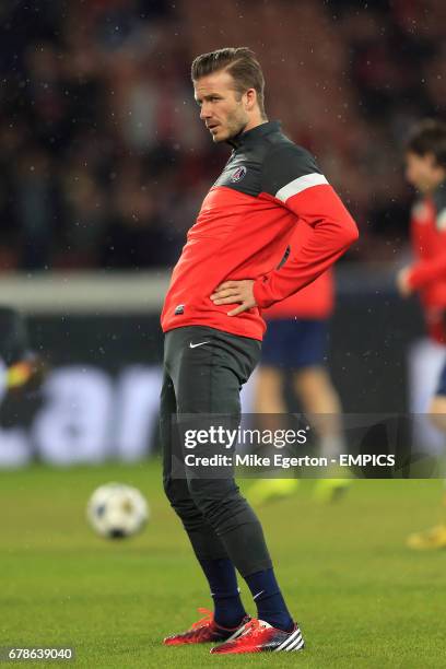 Paris Saint-Germain's David Beckham warms up