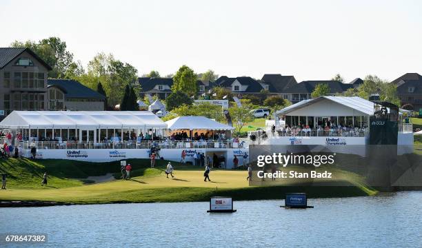 Players approach the 18th green during the final round of the Web.com Tour United Leasing & Finance Championship at Victoria National Golf Club on...