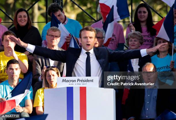 President of the political movement 'En Marche !' and French presidential election candidate Emmanuel Macron delivers a speech during a campaign...