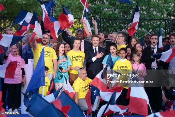 President of the political movement 'En Marche !' and French presidential election candidate Emmanuel Macron delivers a speech during a campaign...