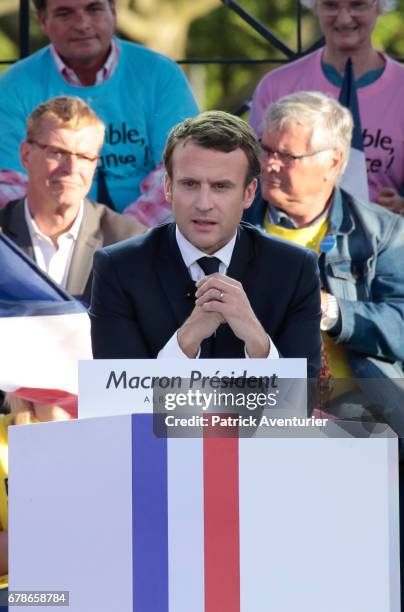 President of the political movement 'En Marche !' and French presidential election candidate Emmanuel Macron delivers a speech during a campaign...