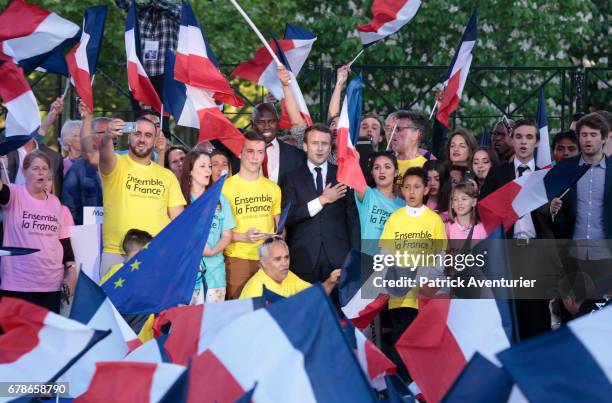President of the political movement 'En Marche !' and French presidential election candidate Emmanuel Macron delivers a speech during a campaign...