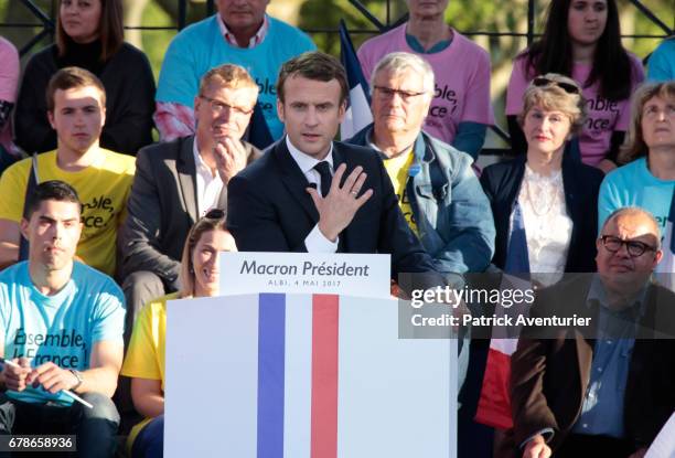 President of the political movement 'En Marche !' and French presidential election candidate Emmanuel Macron delivers a speech during a campaign...