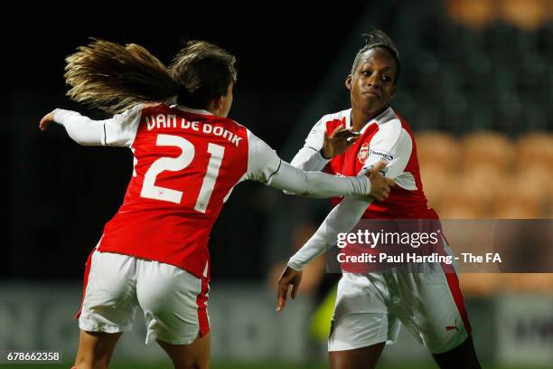 Danielle Carter of Arsenal Ladies celebrates as she scores their third goal with Danielle van de Donk during the WSL 1 match between Arsenal Ladies...