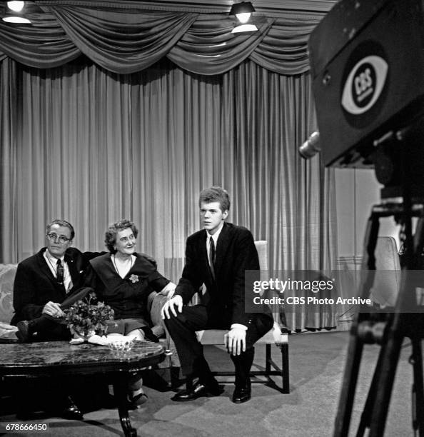 Pianist Van Cliburn is photographed with his parents Rildia Bee and Harvey Lavan Cliburn Sr., for the CBS interview program "Person to Person" in his...