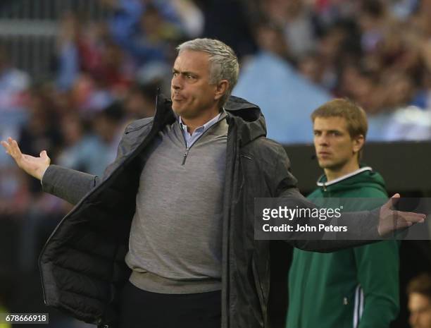 Manager Jose Mourinho of Manchester United watches from the touchline during the UEFA Europa League semi-final first leg match between Celta Vigo and...