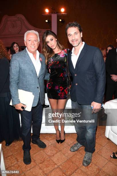Guess designer Paul Marciano, Belen Rodriguez and Raoul Bova attend the Guess Foundation Denim Day 2017 at Palazzo Barberini on May 4, 2017 in Rome,...