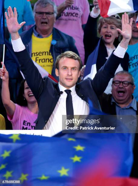 President of the political movement 'En Marche !' and French presidential election candidate Emmanuel Macron delivers a speech during a campaign...